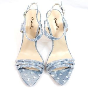 QUPID Distress Denim Ankle Strap Open Toe Heels